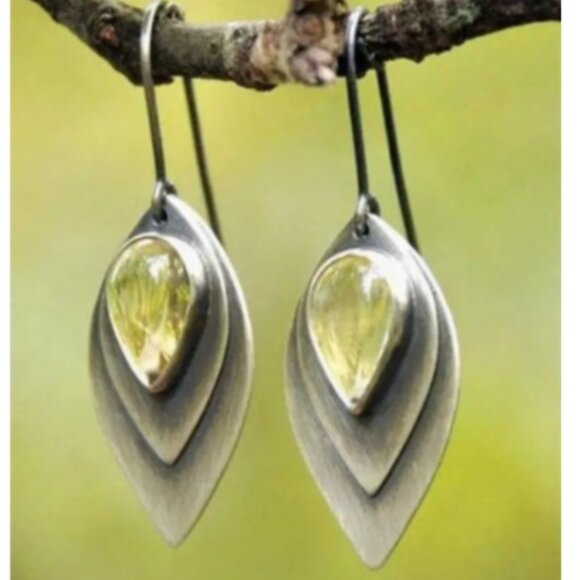 Beautiful Synthetic Yellow Tourmaline & Silver Electro-Plated Dangle Earrings - Picture 1 of 2